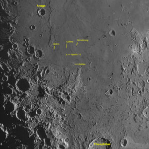 Mond-Mosaik Ausschnitt: Kleinkrater Aldrin (3,4 km Ø), Collins (2,4 km Ø) und Armstrong (4,6 km Ø )