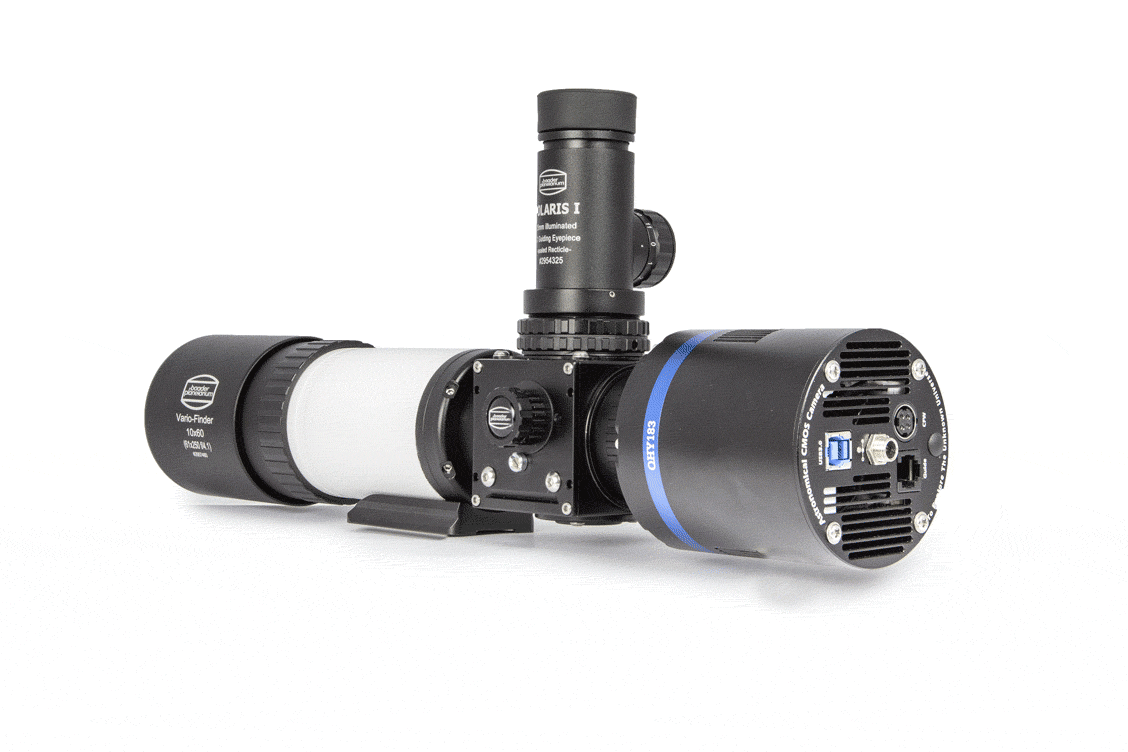 Anwendungsbild: BFM II with illuminated Recticle eyepiece Polaris I #2954325 (mounted with Variable Locking-Ring T-2 #2958130), QHY.183 camera and Baader Vario-Finder / Guider-Telescope #2957460