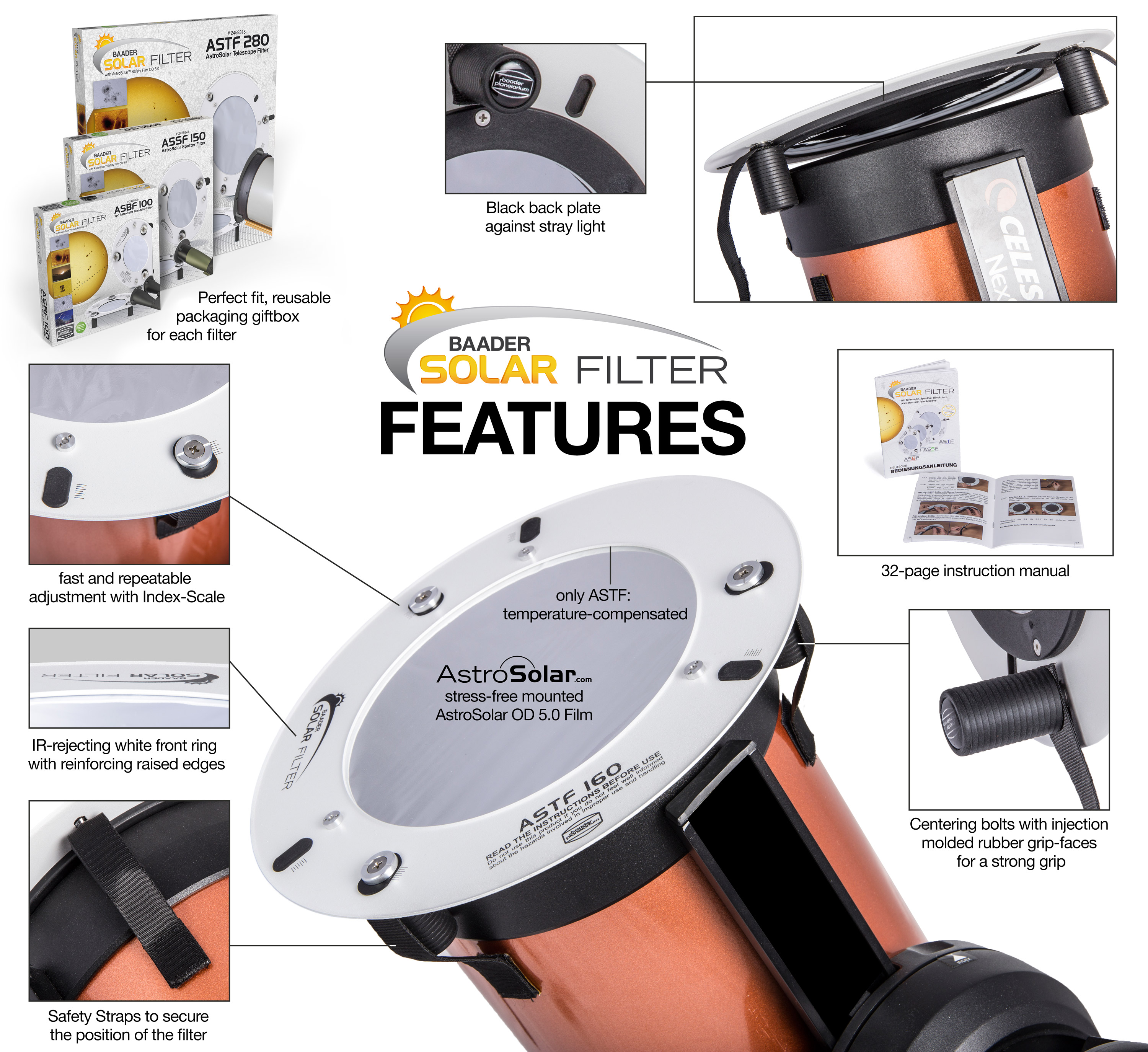 ASTF: AstroSolar Telescope Filter OD 5.0 (80mm - 280mm) - English