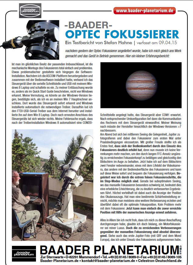 Testbericht Optec Fokussierer von Baader Planetartium von Stafen Hahne