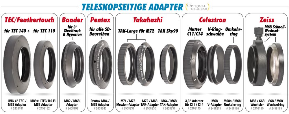 Optional erhältliche Teleskopadapter für das M68-Tele-Kompendium.
